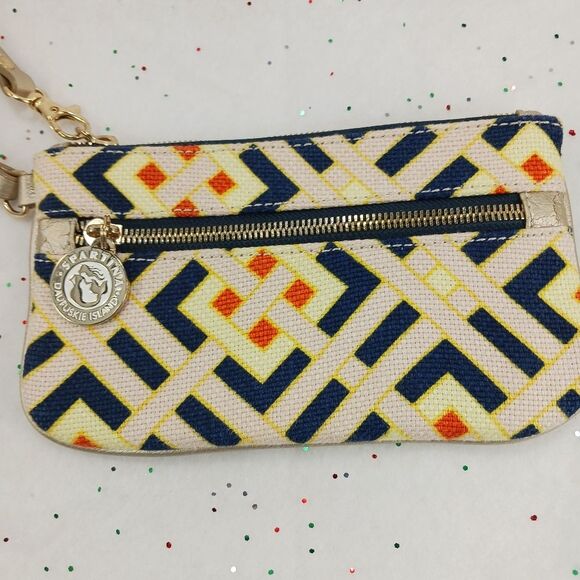 Spartina 449 Daufuskie Wristlet Wallet Linen Leather Navy Beige Geometric - Picture 6 of 12